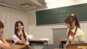 206 JScGi Three sweet Japanese school girls suck on one throbbing cock and eat cum
