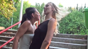 Two hot babes on the outdoor stairs